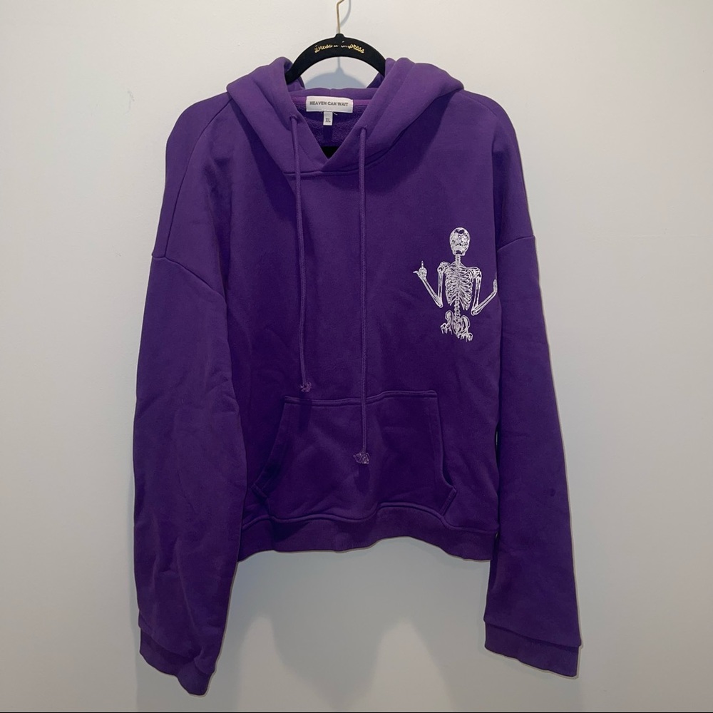 Heaven Can Wait purple middle finger skeleton hoodie